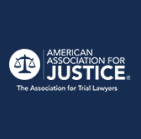 Logo of the American Association for Justice featuring a balanced scale symbol and the tagline "The Association for Trial Lawyers" on a dark blue background.