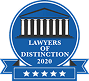 Blue and white badge with a courthouse icon, text "Lawyers of Distinction 2020," and a ribbon displaying five stars at the bottom.