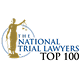 Logo for The National Trial Lawyers Top 100, featuring a gold statue of Lady Justice next to blue text on a white background.