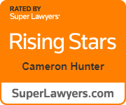 Orange badge stating "Rated by Super Lawyers, Rising Stars, Cameron Hunter," with a white banner displaying "SuperLawyers.com" at the bottom.