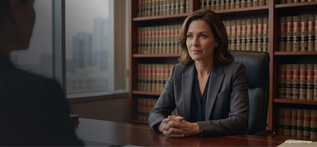 A woman in a business suit sits at a desk with law books on shelves behind her, facing another person in an office setting.