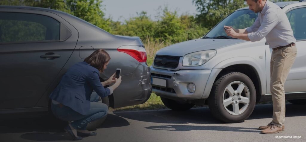 A woman and a man take photos of the damage after a car accident involving a gray sedan and a silver SUV on a sunny day.