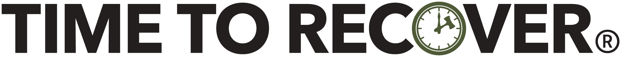 Black text reads “TIME TO RECOVER” with the letter “O” in “RECOVER” replaced by a clock icon showing the time at 2 o'clock, followed by a registered trademark symbol.
