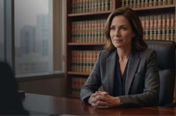 A woman in a business suit sits at a desk with law books on shelves behind her, facing another person in an office setting.